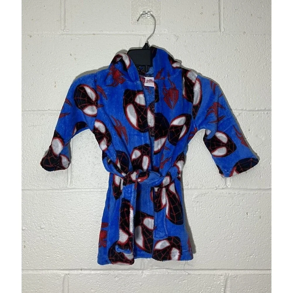 Marvel Spiderman Kids Robe XXS 2T Blue Red Fleece Belted Hooded Soft NWT